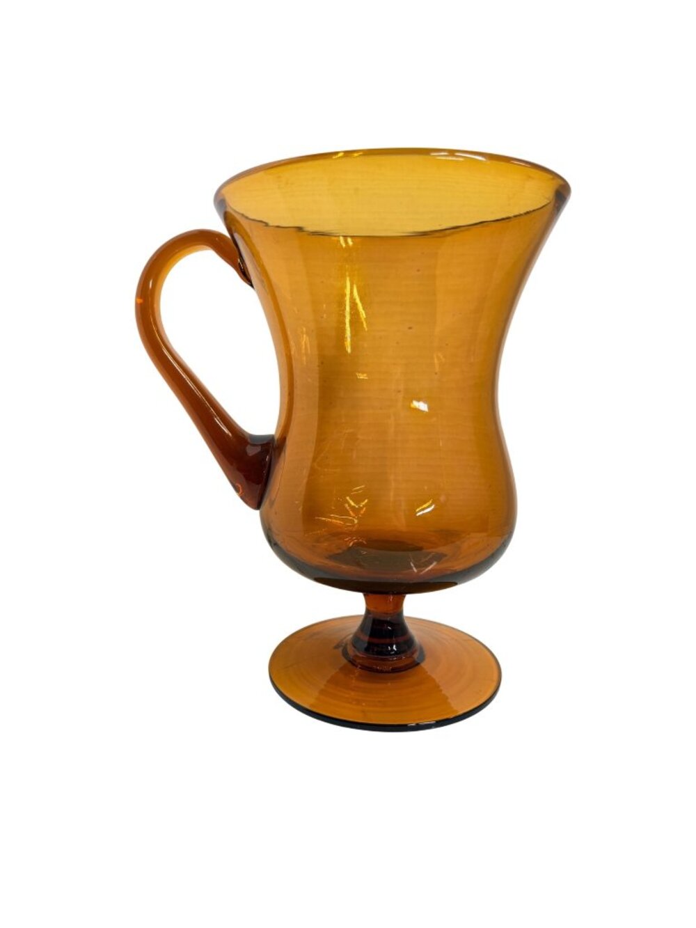 Vintage MCM Amber Glass Pitcher Footed Pedestal Art Glass Vase Hand Blown Mid Ce